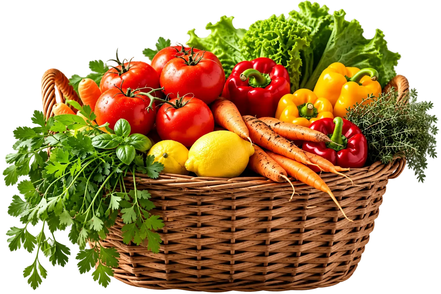 Panier en osier rempli de fruits et légumes frais : tomates, poivrons, carottes, citrons, salade et herbes