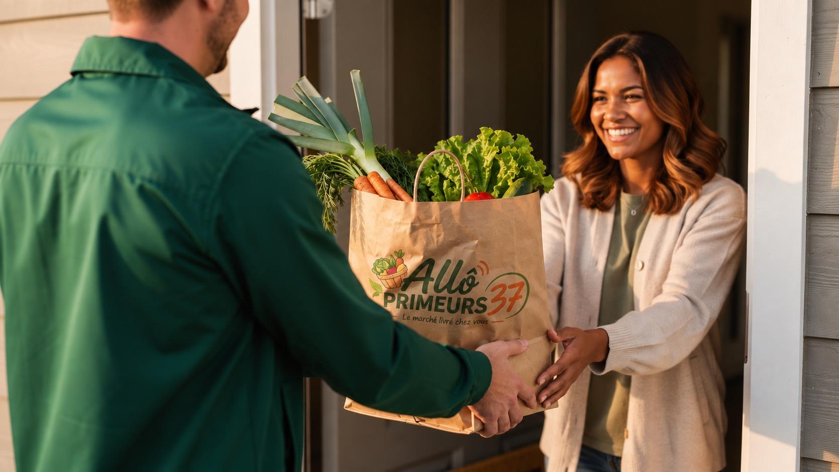 Un livreur Allô Primeurs 37 remet un sac de fruits et légumes frais à une cliente sur le pas de sa porte